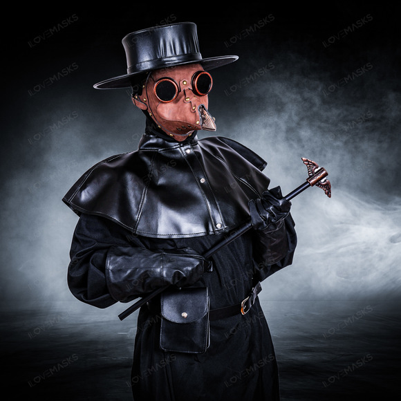 Plague Doctor with Bird Beak Mask & Flat Hat Full Costume Set - Brown